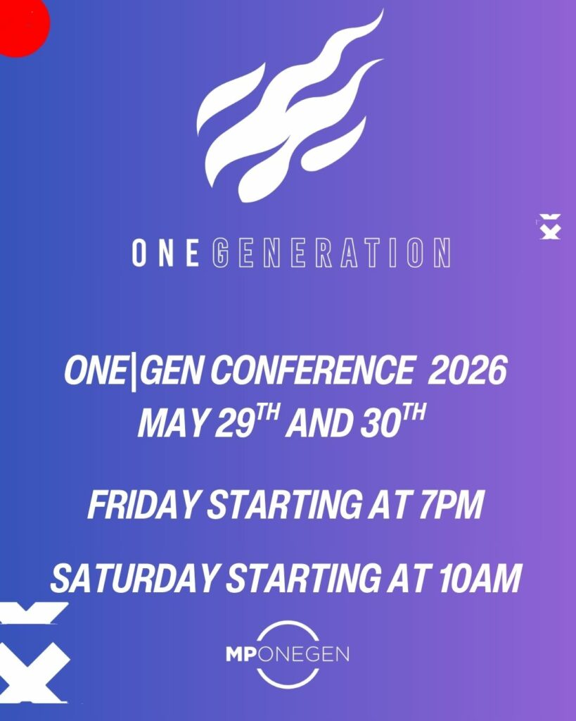 Blue and purple gradient flyer for ONEGEN Conference 2026, May 29-30, with event times and logo.