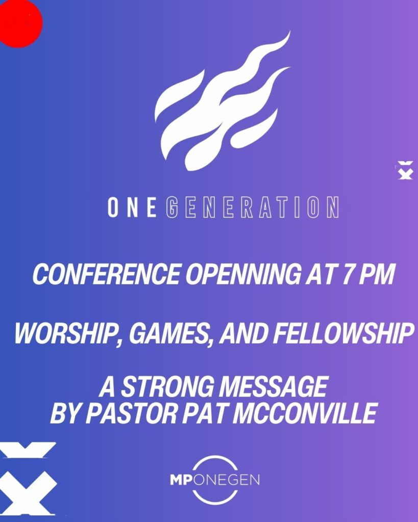 Purple conference flyer: "ONE GENERATION" event, 7 PM opening, worship, games, fellowship, message by Pat McConville.