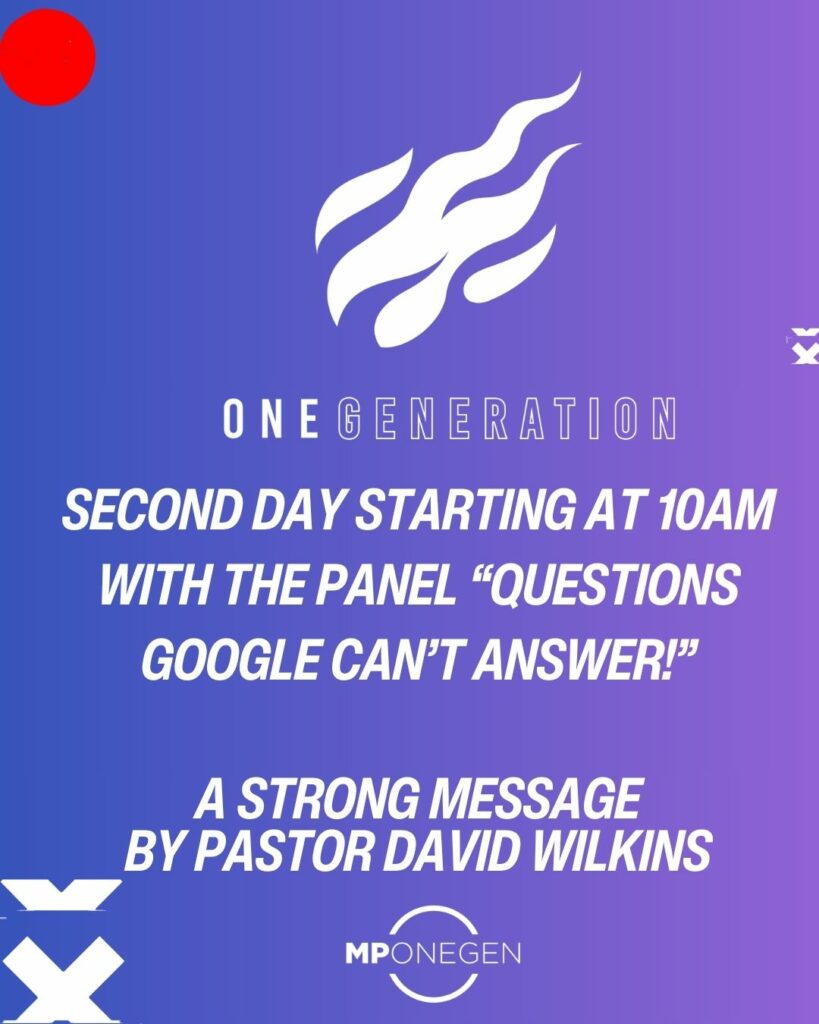 Purple promotional graphic for One Generation event with panel info and speaker Pastor David Wilkins' name displayed.